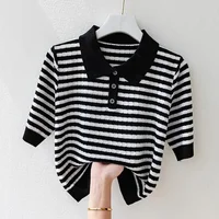 Fashion Women Short Sleeve Striped Knitted Polo Shirts Spring Summer All-match Tees Female Clothing New Pullover Bottoming Tops
