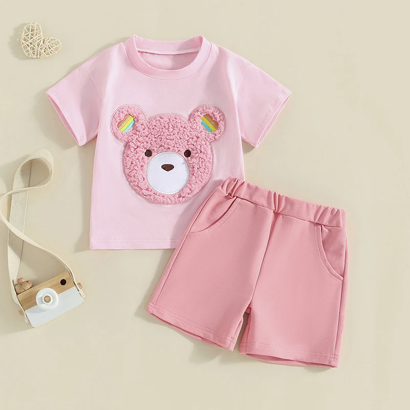 

Baby Girl Summer Outfits Fuzzy Bear Embroidery Short Sleeve Tops Shorts Set Toddler 2Pcs Clothes