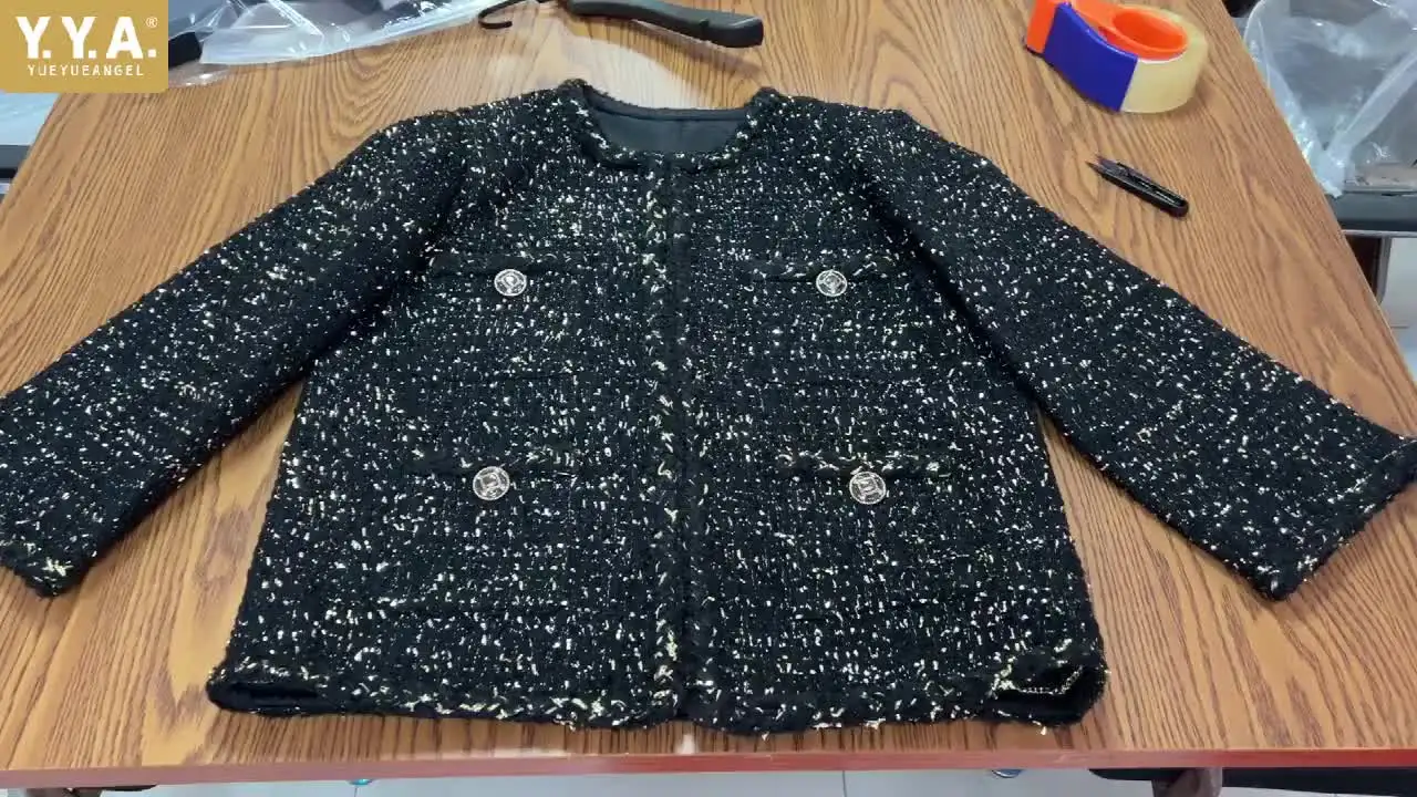 Винтажная женская весенне-осенняя твидовая куртка с круглым вырезом и карманами