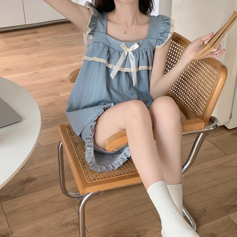 작은 비행 소매 잠옷 여성 여름 순수한면 얇은 달콤한 조끼 민소매 슬링 가슴 패드 봄과 가을날 가정복 세트