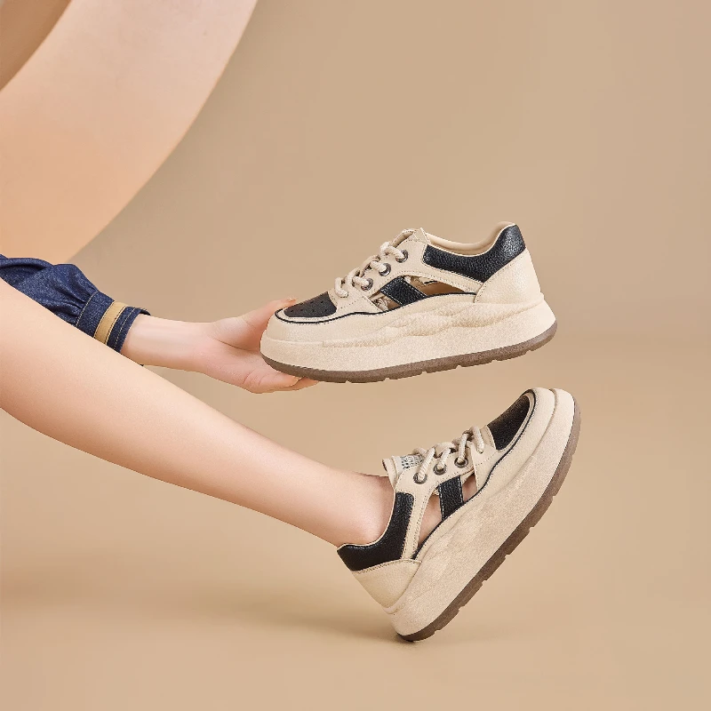 CICIYANG Genuine Leather Women's Platform Sports Sandals 2025  Summer New Fashion Lace-up Hollow Sneakers for Female 3