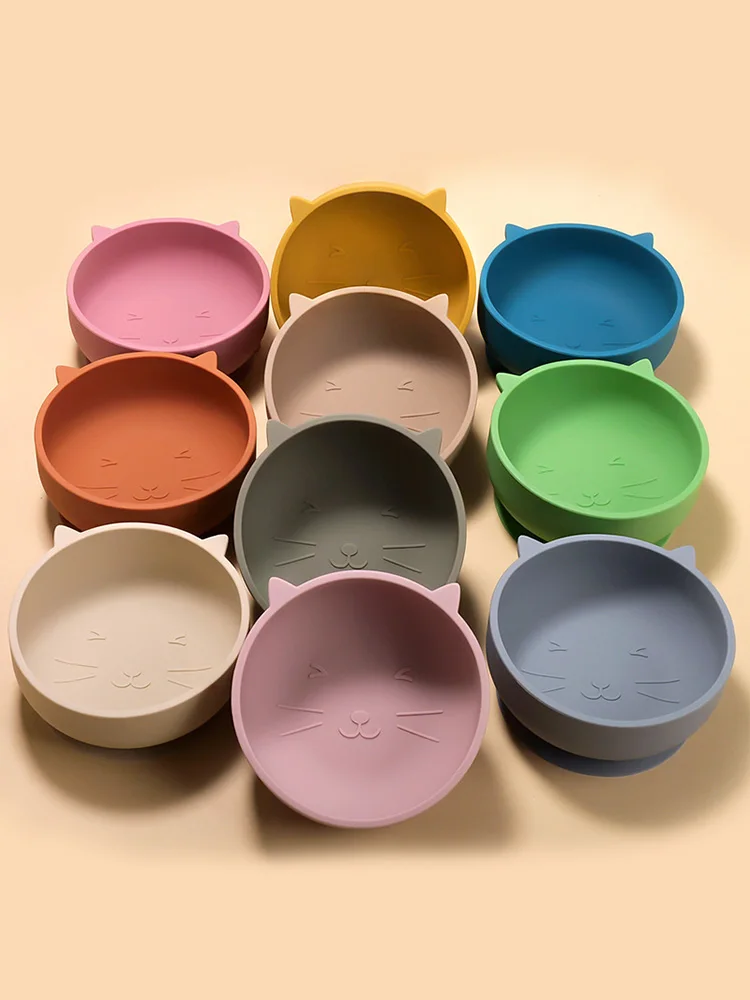Baby Soft Silicone Sucker Bowl Cute Cat Plate Cup Bibs Spoon Fork Sets Non-slip Tableware Baby Feeding Dishes 1pcs silicone meal set silicone feeding set baby tableware set
