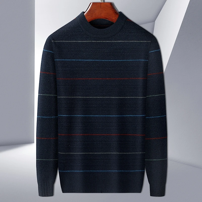 

New Men's Autumn and Winter Pullover Round Neck Stripe Multi Color Business Casual Men's Sweater Warm Fit Knit
