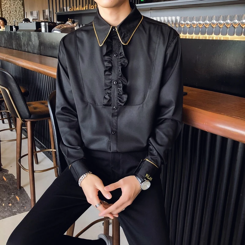 

Luxury British Style Retro Elegant Black Shirts For Mens White Gentleman Tuxedo Shirts Slim Fit Social Club Wedding Party Wear