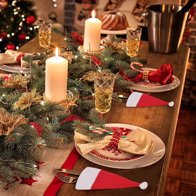 Christmas Decoration Tableware Holder Bag Christmas Hat Fork Knife Cutlery Bag Xmas Home Kitchen Decor Ornament Navidad New Year