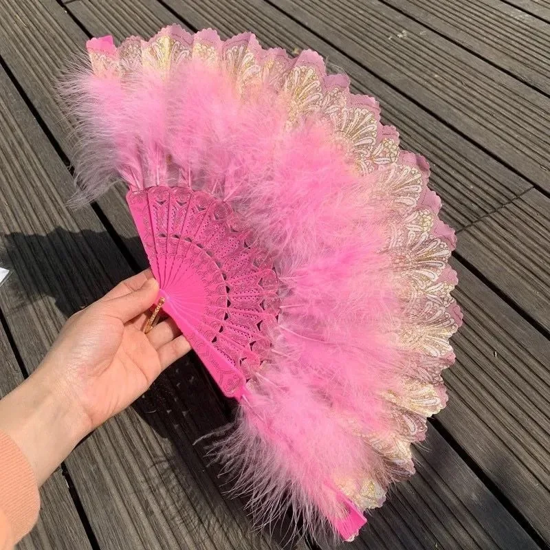 Chinese Style Feather Folding Fan with Pendant Wedding Party Gift Girls Dance Fan Cosplay Prop Home Decoration