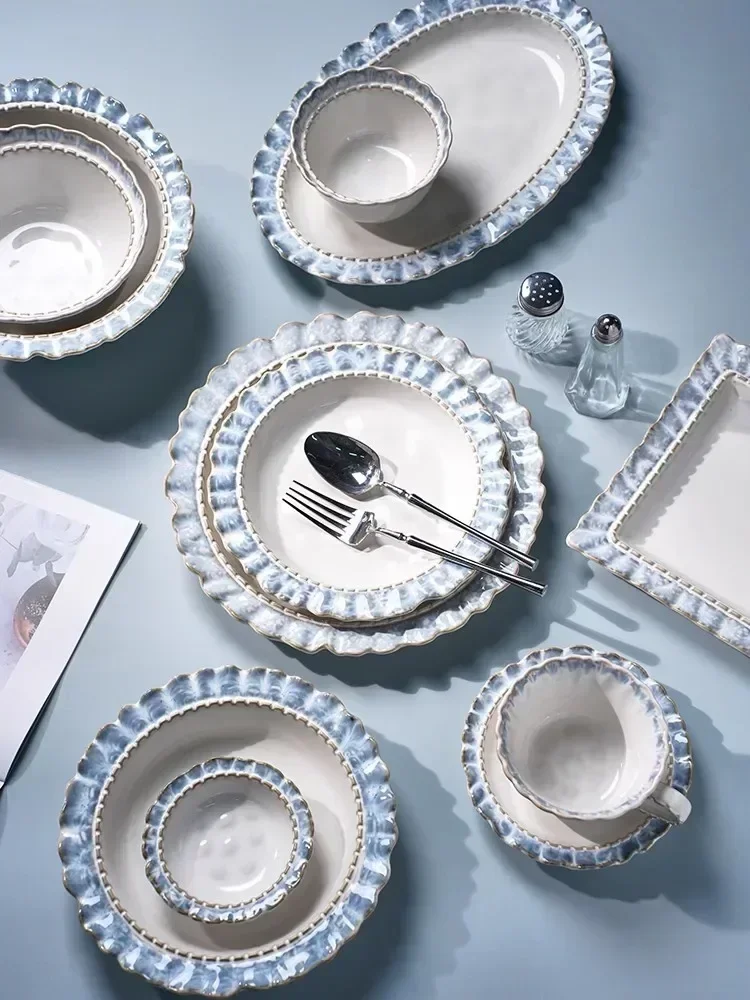 Smoke blue lace ceramic tableware set French retro affordable luxury western food dessert breakfast beautiful