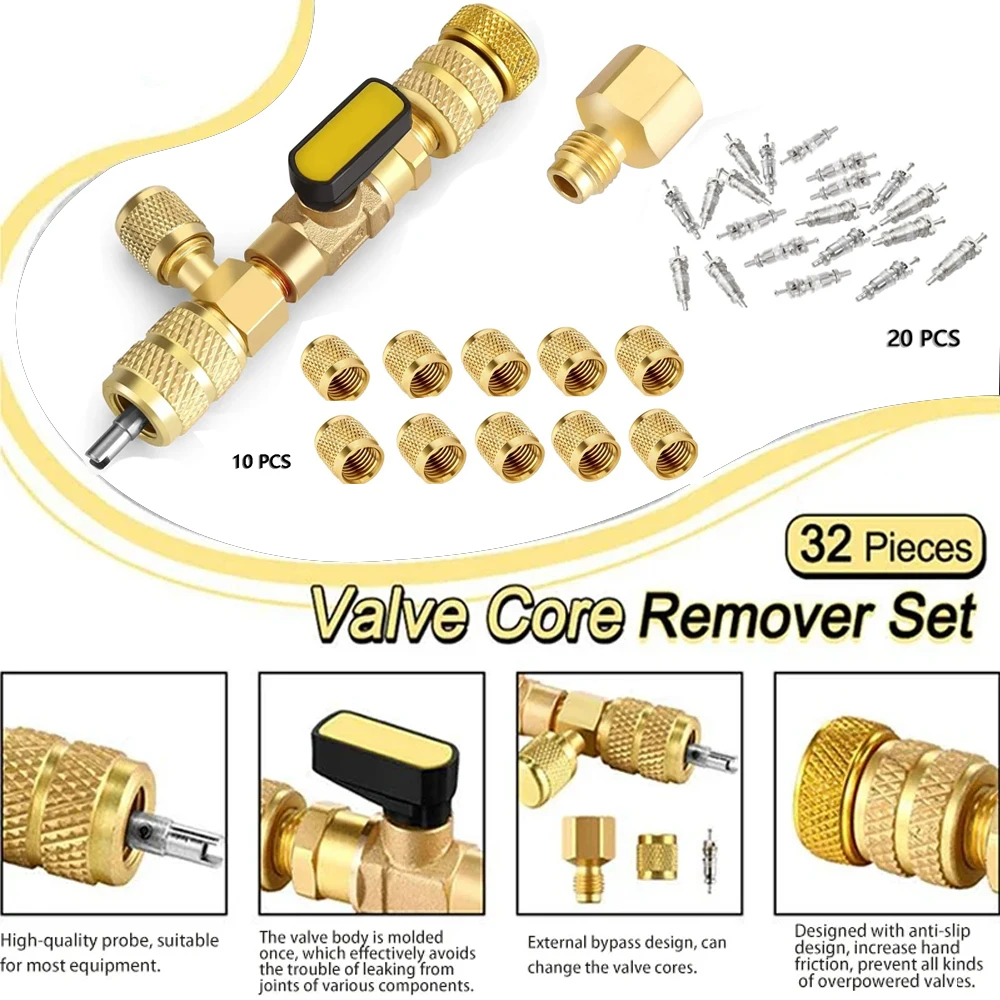 Valve Core Remover Installer Tool Kit Dual Size 1/4 & 5/16 Port for HVAC System Repair