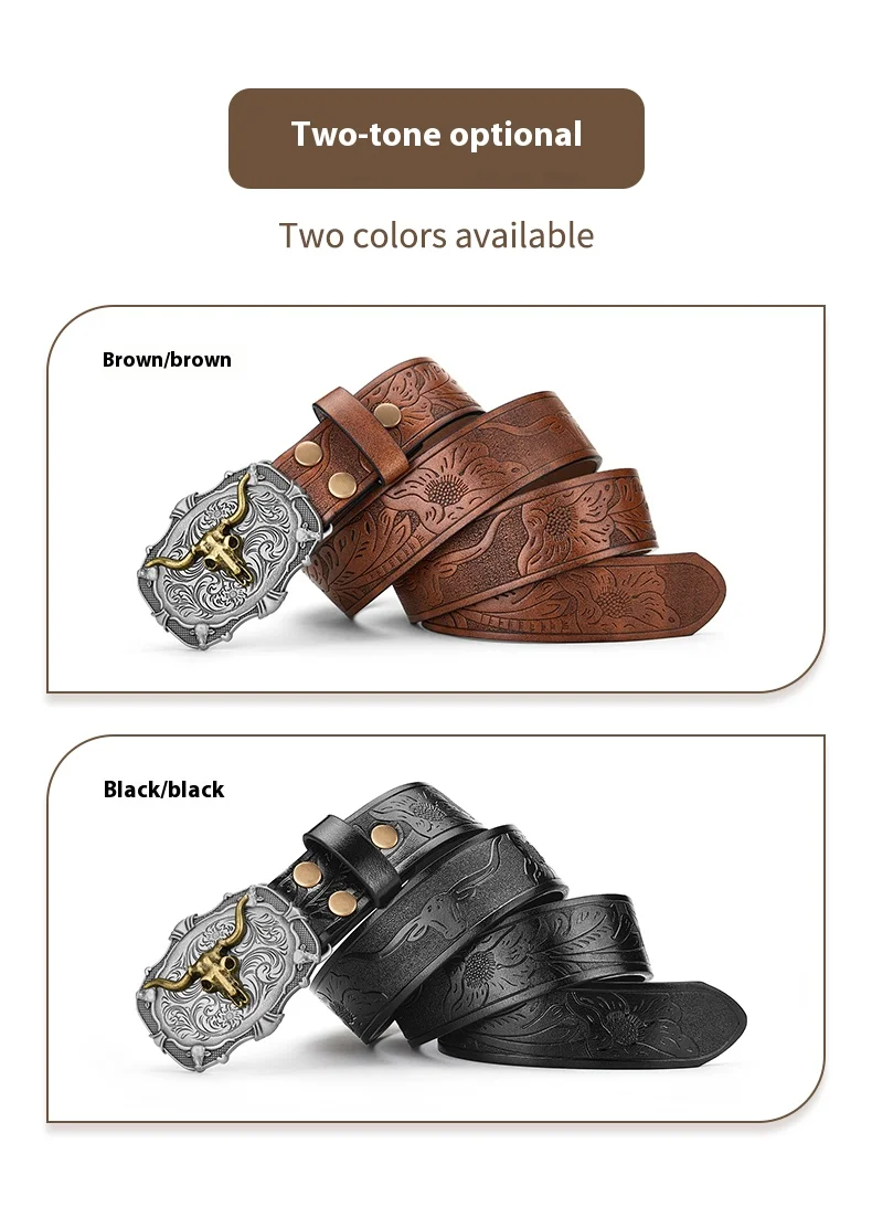Herren Vintage Western Cowboy Ledergürtel - Herren Taillengürtel mit Langer Horn-Bullenkopf-Schnalle Geprägte Blumenmuster für Jeans – Detail 5