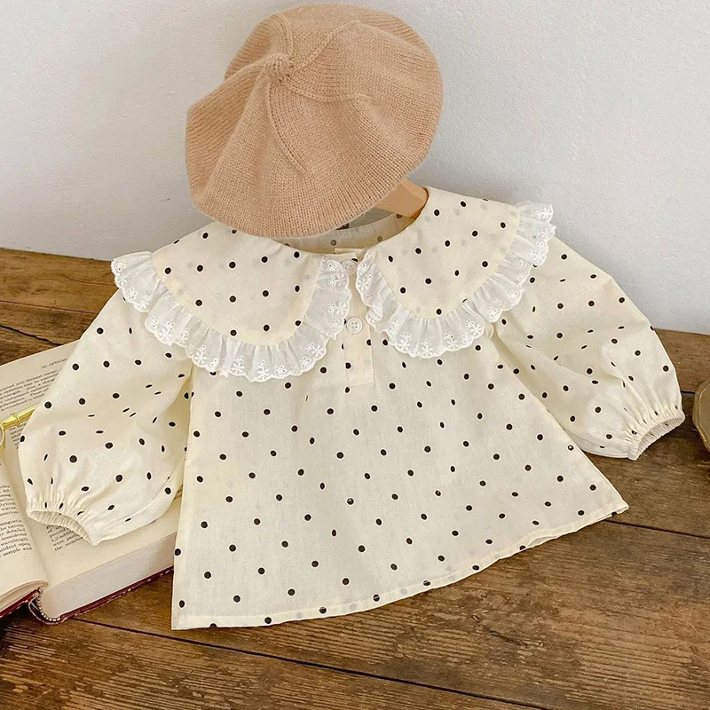 New Spring Korean Style Infant Baby Girl T-shirt Long Sleeved Cotton Dots Printing Shirt Newborn Baby Girls Pullover Tops