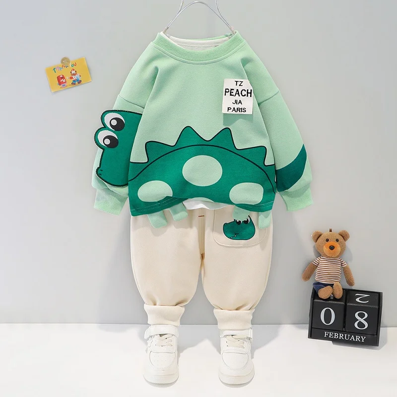 Baby boy cotton two-piece suit boy girl plus velvet warmth cartoon bear cute baby suit baby clothes cartoon t-shirt kid