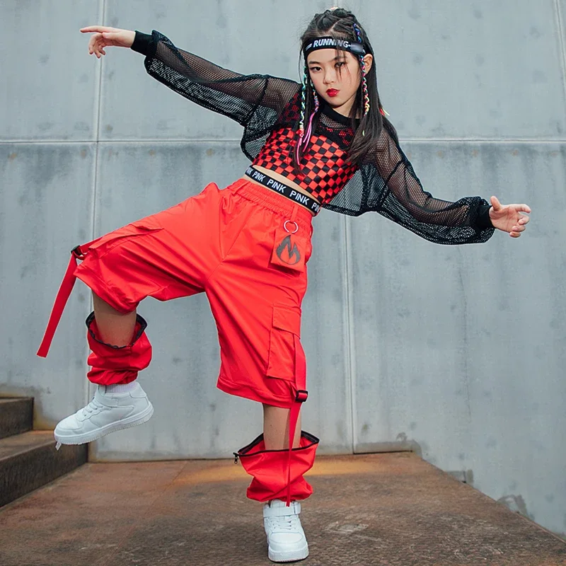 Red Lattice Vest Loose Cargo Pants Net Tops For Girls Clothes Jazz Show Stage Outfit Kids Hip Hop Street Dance Costume girl dance costume children costumes