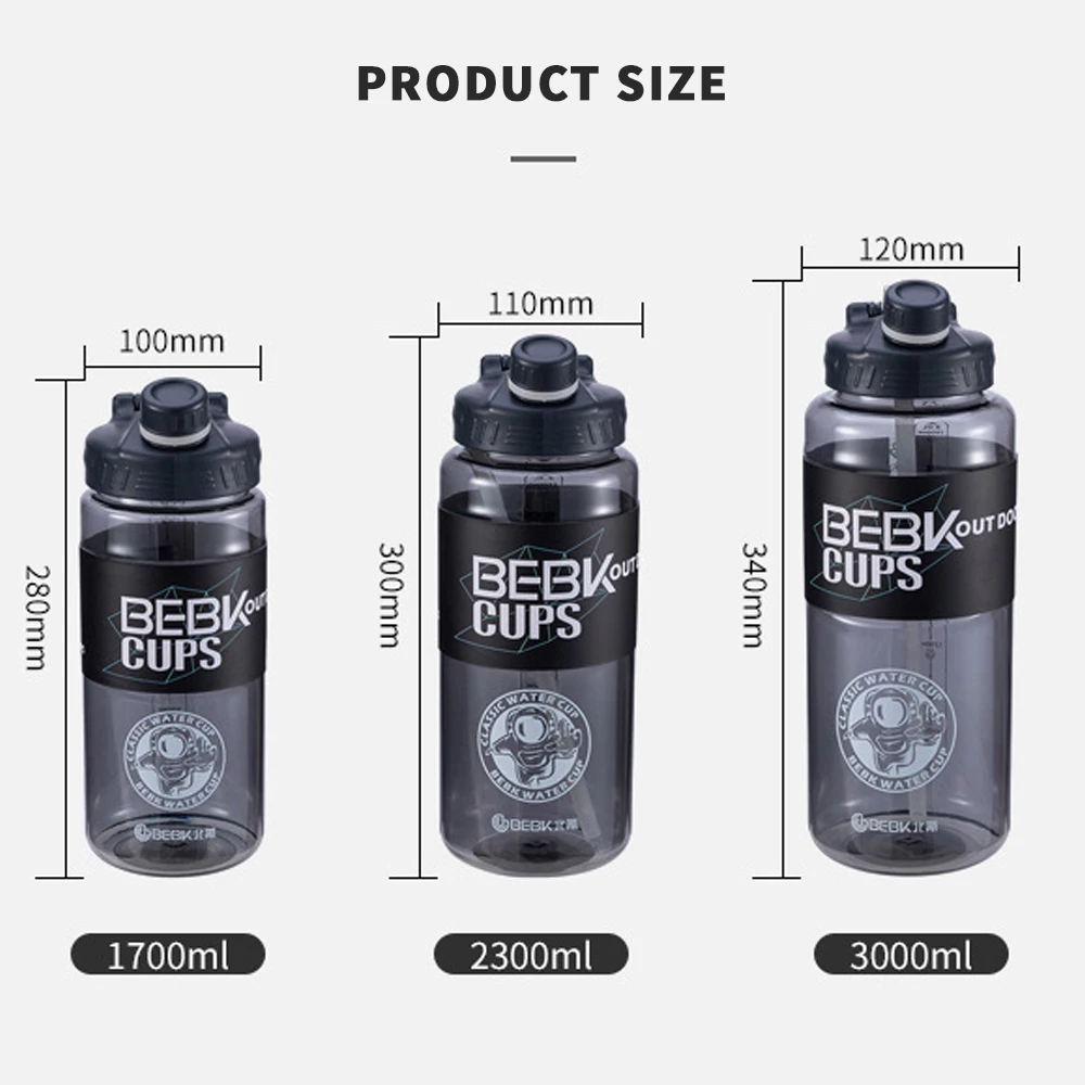 3 Liters BEBK Sports Cups Fitness Cold Water Bottles Large Capacity With  Lid Portable Handle Straw
