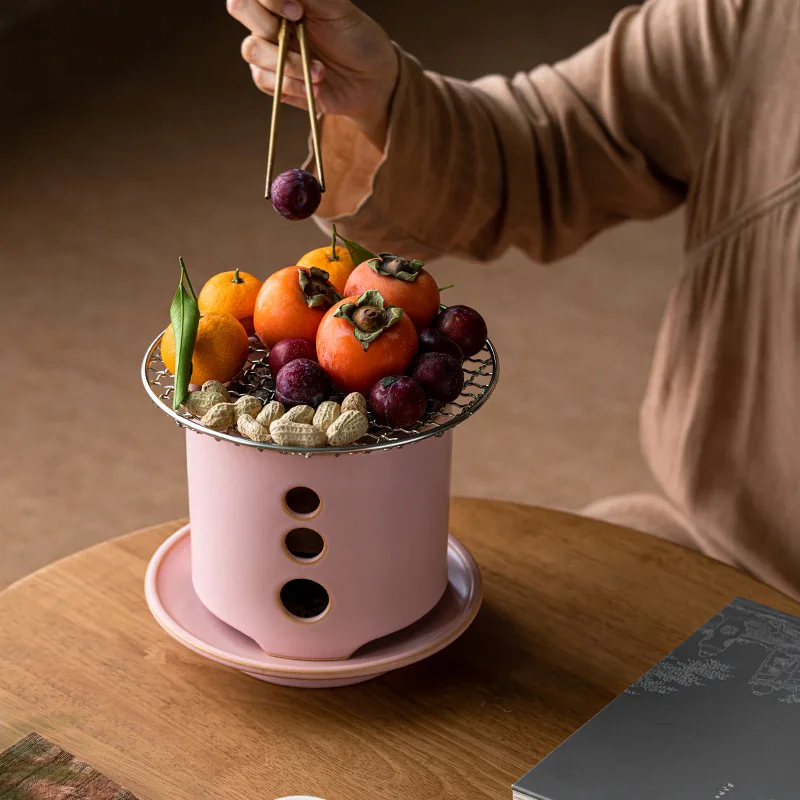 Pink Charcoal Tea Stove Boiler 650ml Teapot Ceramic Soda Glaze High temperature 20cm Baking net Fireplace One set 2