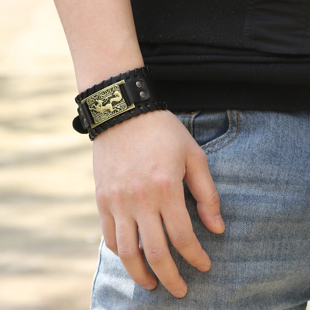 Leather Bracelet Charm Wide Leather Bracelet Men Punk Braided Rope Alloy Cuff Bangle Male Wristband Viking Bracelet