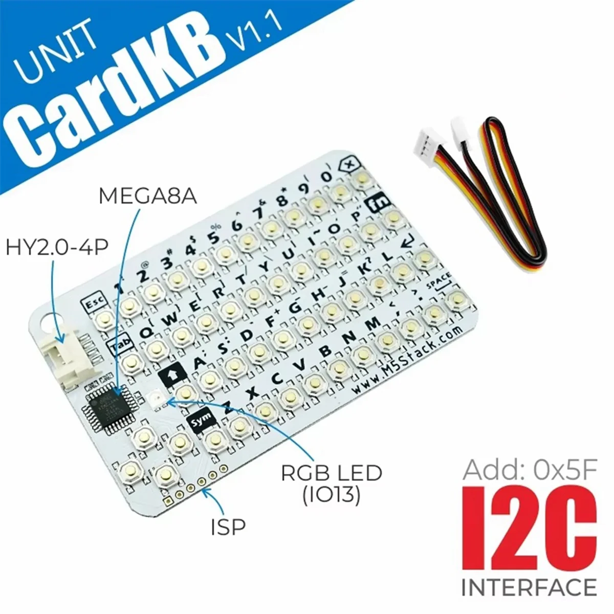 A71Z CardKB V1.1 미니 50키 QWERTY 키보드 장치(ATMega8A MCU, I2C, RGB LED, 프로그래밍 가능, UIFlow(MEGA8A)용)