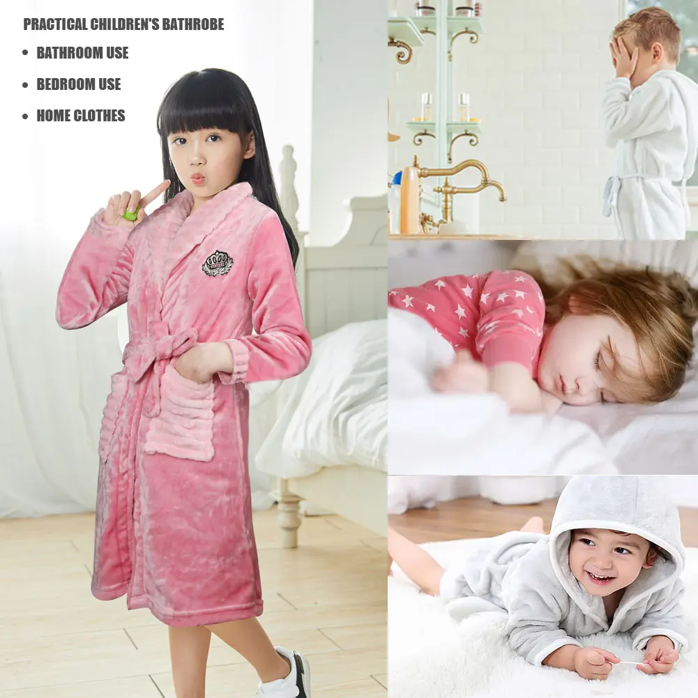 LPATTERN Girls Robe Towel Sleepwear Toddler Kids Towelling Bathrobe Dressing Flannel Long Sleeve Night-robe with Belt Pockets
