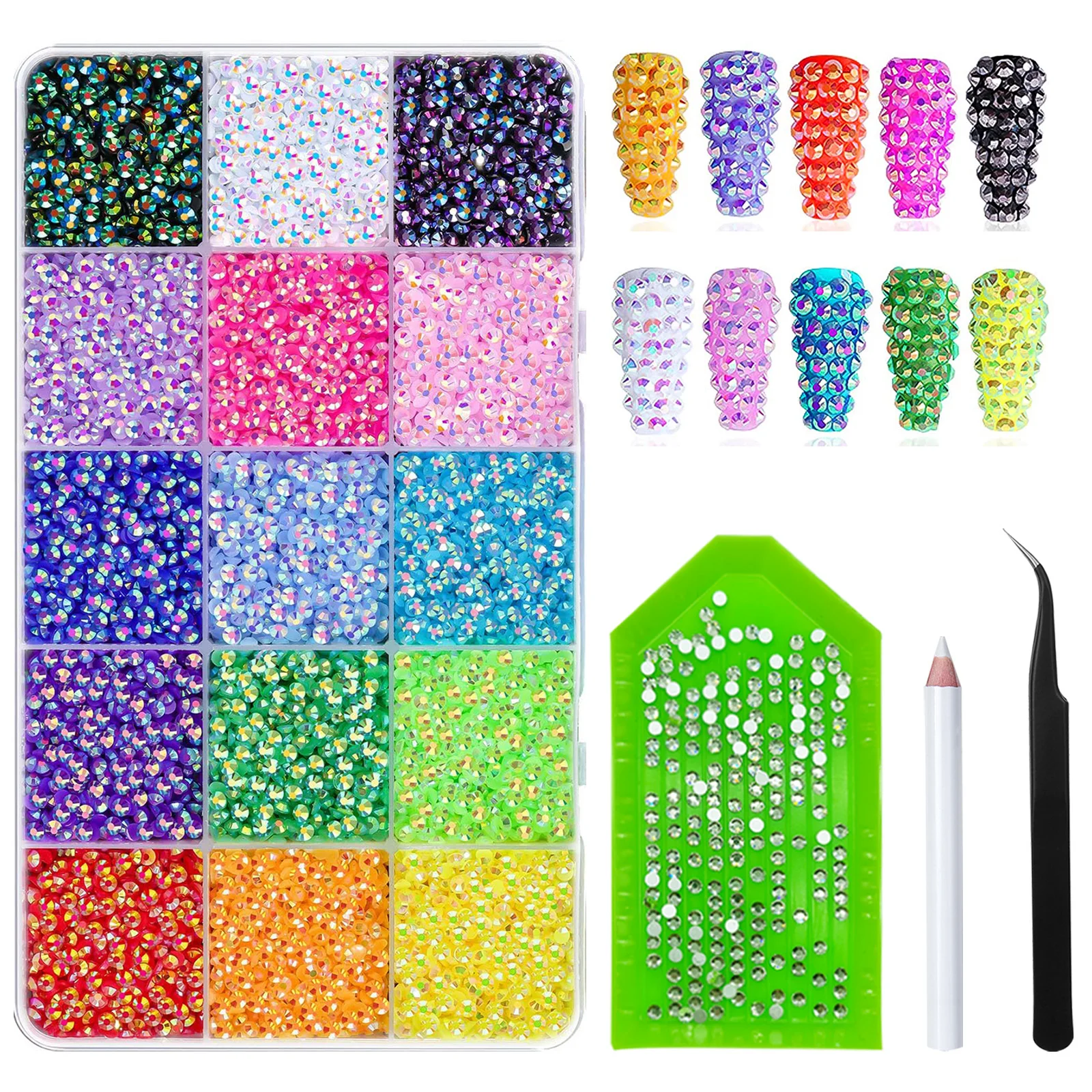 Strass per unghie 9700 pezzi, strass in resina circolare a fondo piatto da 15 colori da 3 mm, accessori decorativi fai-da-te con strumenti