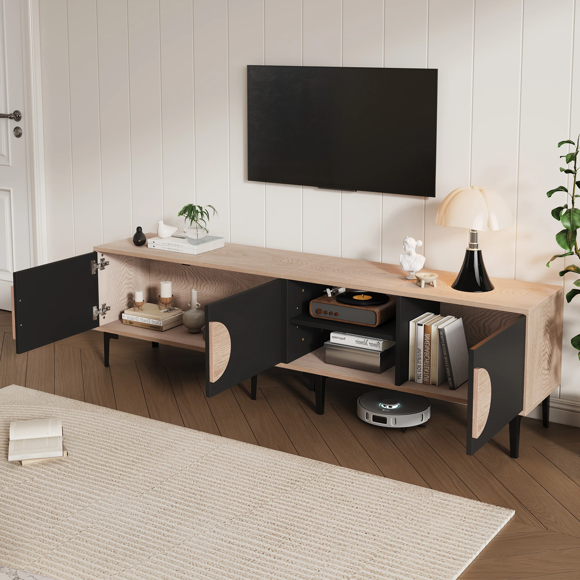 180 x 35 x 49 cm großer Lowboard-TV-Schrank, TV-Ständer für das Wohnzimmer, TV-Schrank mit 2 Schränken, TV-Tafel mit offenen Regalen – Detail 25