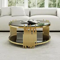 Table basse moderne en verre noir, luxe, ronde, double plateau en verre avec base en acier doré pour salon, bureau à domicile 4