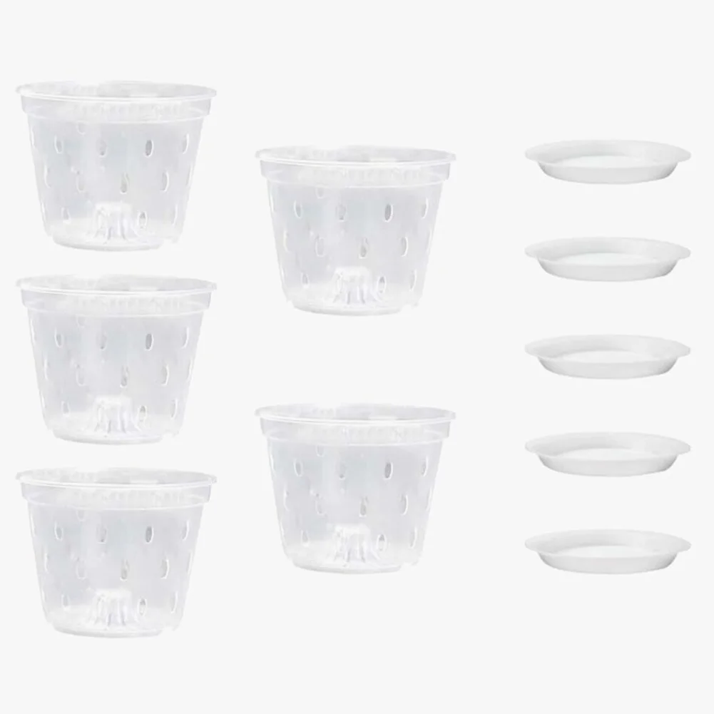 

5Pcs Transparent Orchid Pot With Holes & Tray Root Control Mesh Pot Pot Planters Plant Nursery Pots Container Garden Supplies