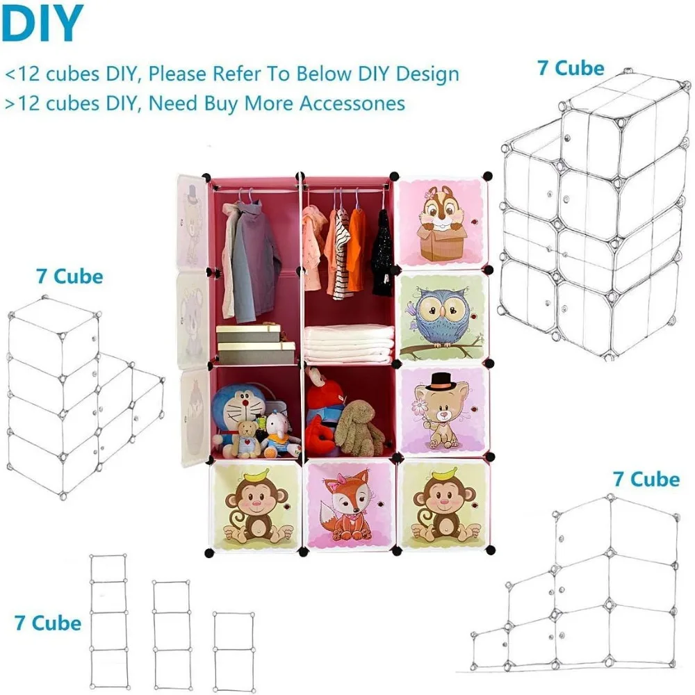 BRIAN&DANY Portable Cartoon Clothes Closet DIY Storage Organizer,Sturdy Safe Wardrobe Children Kids,8Cubes&2Hanging Sections 3