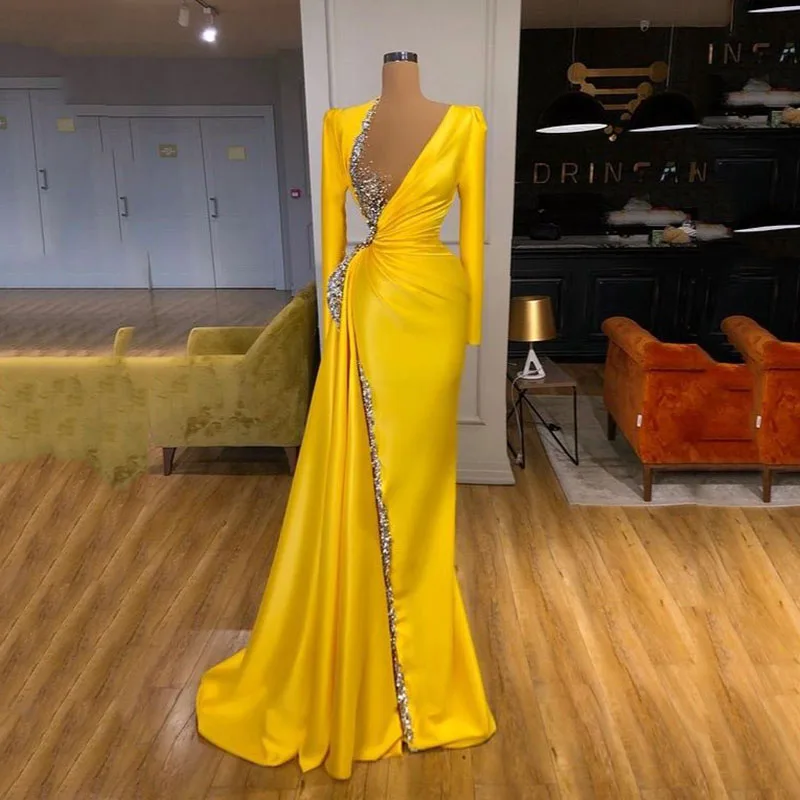 

SoDigne Yellow Arabic Evening Dresses V Neck Beaded Sequined Long Formal Mermaid Prom Gown Pleats Satin Party Dress 2022