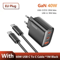 Toocki 40W GaN Dual USB - C Quick Charge Charger - EU Black with cable