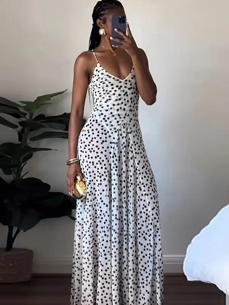 Nibber Polka Dots Print Maxi Dress Women Sexy See Through Low-Neck Sleeveless Backless Summer Holiday Ruched Vacation Outfits