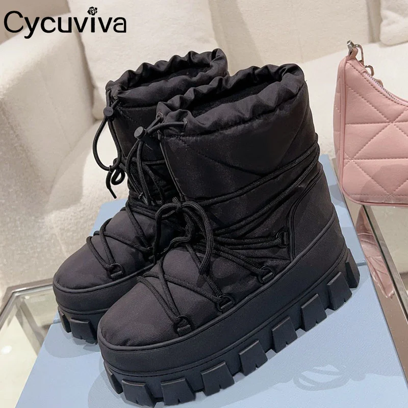 

New Down Warm Snow Boots For Women Round Toe Black Lace Up Fashion Ankle Boots Winter Party Designer Thick Sole Short Boot Women