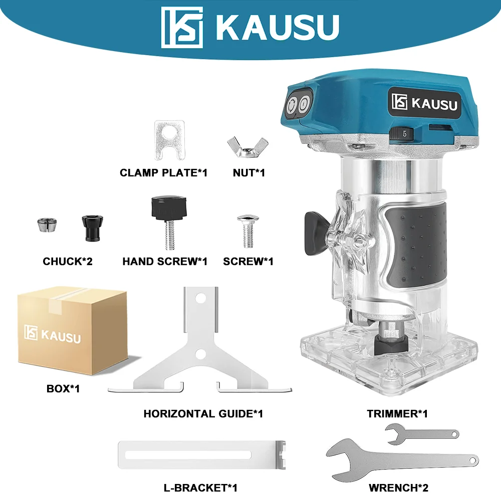 KAUSU Brushless Wood Router 30000RPM 5 Speeds Cordless Electric Trimmer Woodworking Milling Engraving Machine Makita 18V Battery