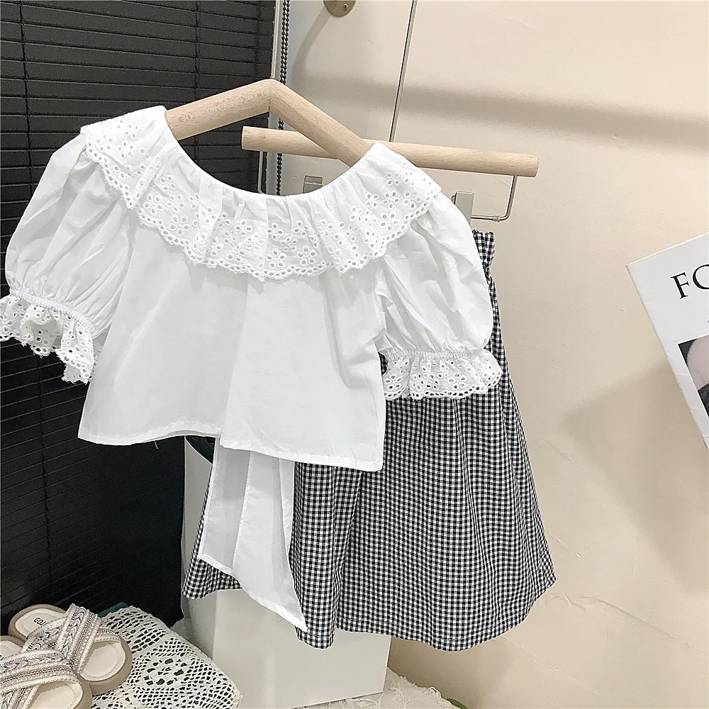 

Childrens Sets Girls Short Sleeved Shirt Summer New Children Clothing Baby Fashion Causal Two Piece 2024 Hollowing Out