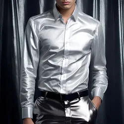 Luxury Satin Shirts Men Vintage Light Pure Color Slim Shirt Fall Fashion Long Sleeve Button Turn-down Collar Top Mens Streetwear