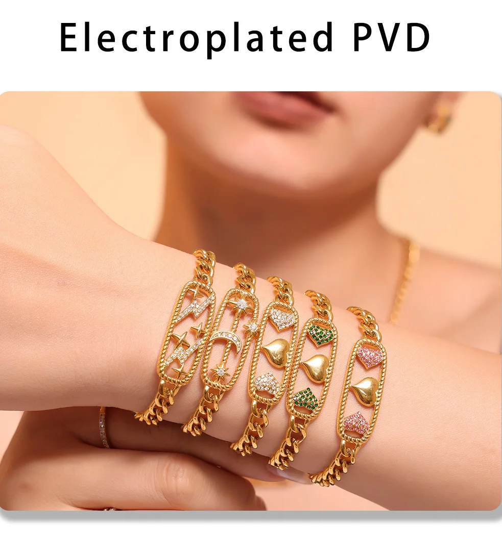Herz Mond bunte Halskette Armband Set für Frauen Edelstahl vergoldet Glas eingelegt Charm Hip Hop Kette Schmuck Geschenk – Detail 9