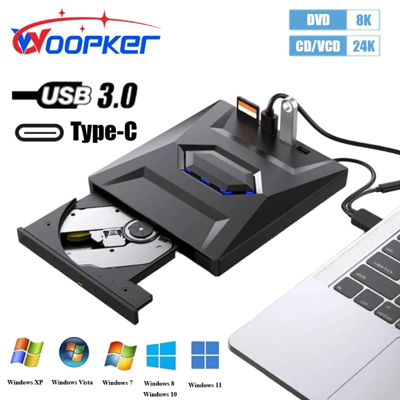 Woopker Mini DVD Player 3-in-1 USB3.0 Type-C Multi-Function External CD DVD Mobile Drive SD Card U Disk Player Window XP/7/8/10