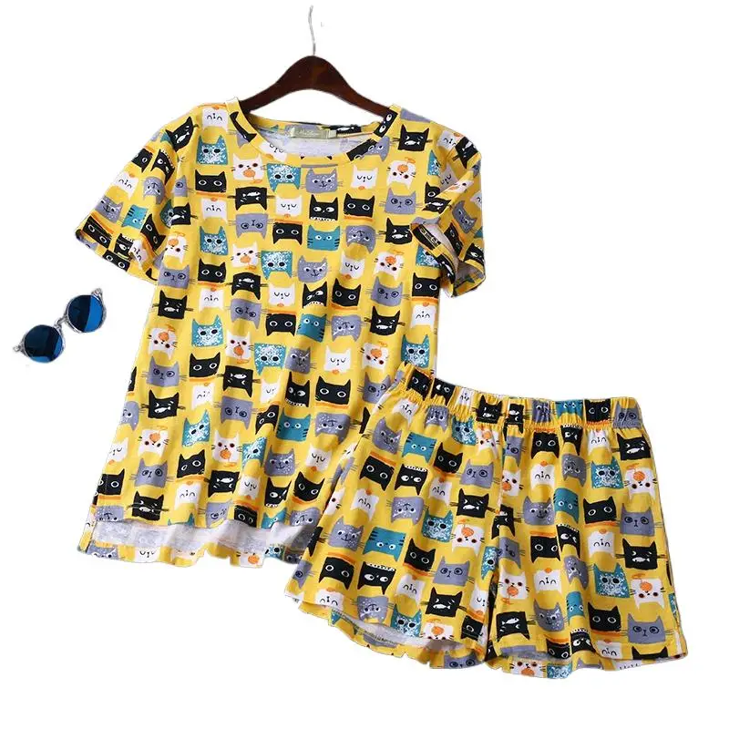 Women Knit Cotton Short Sleeve Cartoon Shorts Pajamas Sets Summer