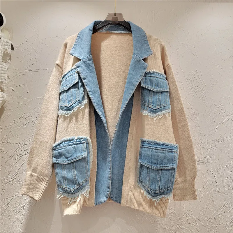 Women Denim Spliced Suit Coat Knitted Cardigan Pockets Contrast Color Jeans Blazers Coat Long Sleeve Autumn Sweater Coat Tops - Image 2