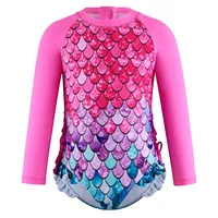 Kids Clothes Girl Swimsuits Fish Scale Print Ruffle Long Sleeves Zipper Bodysuit Beachwear Bathing Suits Baby Swimming Clothing 3