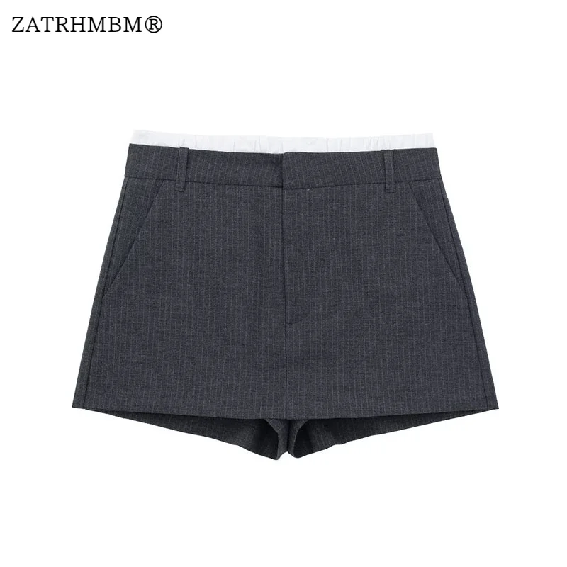 

ZATRHMBM Women 2023 New Fashion Patchwork High Waist Mini Culottes Vintage Side Pockets Zipper Fly Female Short Pants Mujer