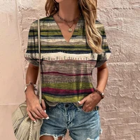 Retro Women's T-Shirt Summer V-Neck Short Sleeve Tee Casual Harajuku Stripe Print T Shirt for Women Streetwear Pullover Tops New 10