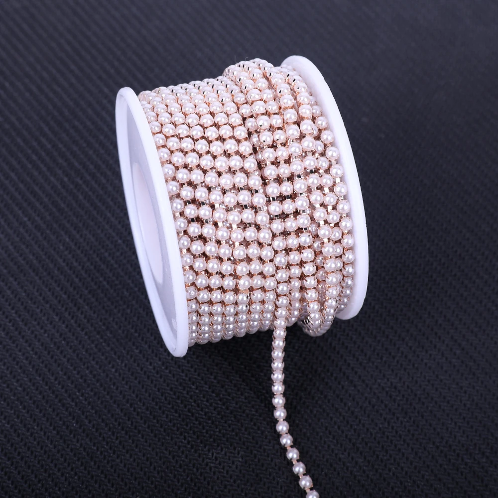 Vc 2mm 3mm 10yards Gold Perle Strass Tasse Kette Glas dichte Strass abs Perlenkette Trim Bekleidung Tasse Kette für Kleidungs stück – Detail 4