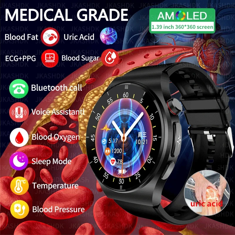 

2024 New Smart Watch Men Blood Sugar Blood Lipid Uric Acid ECG Body Temperature Bluetooth Call Health Smartwatch For Android ios