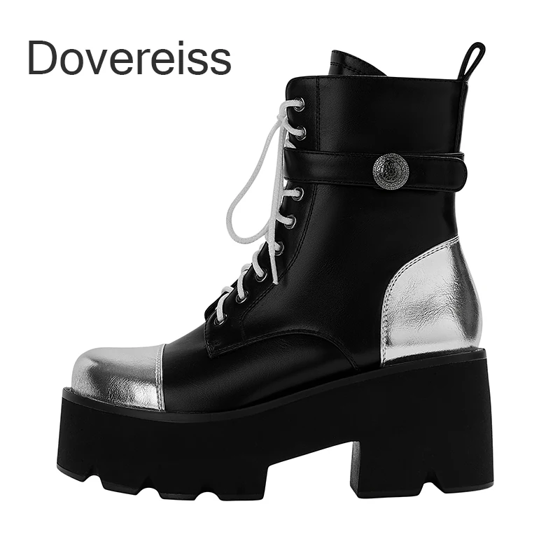 

Dovereiss 2023 Winter Square Toe Short Boots New Women Cross Tied Matin Boots Block Heels Waterproof Boots Big Size 43 44 45 46