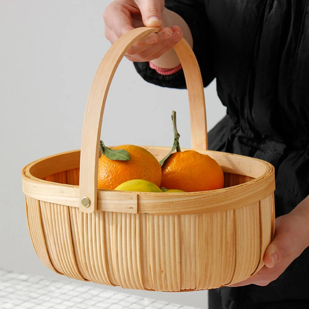 Natural Wood Chips Woven Wicker Picnic Basket With Treated Storage Basket Portable Fruit And Vegetable Shopping Flower Basket 5