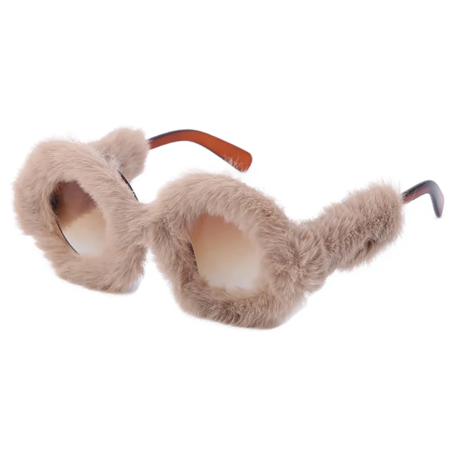 OEC CPO Ladies Soft Fur Velvet Cat Eye Sunglasses Women Fashion Colorful Handmade Sun Glasses Female Trendy Shades UV400 Eyewear Brown-Brown