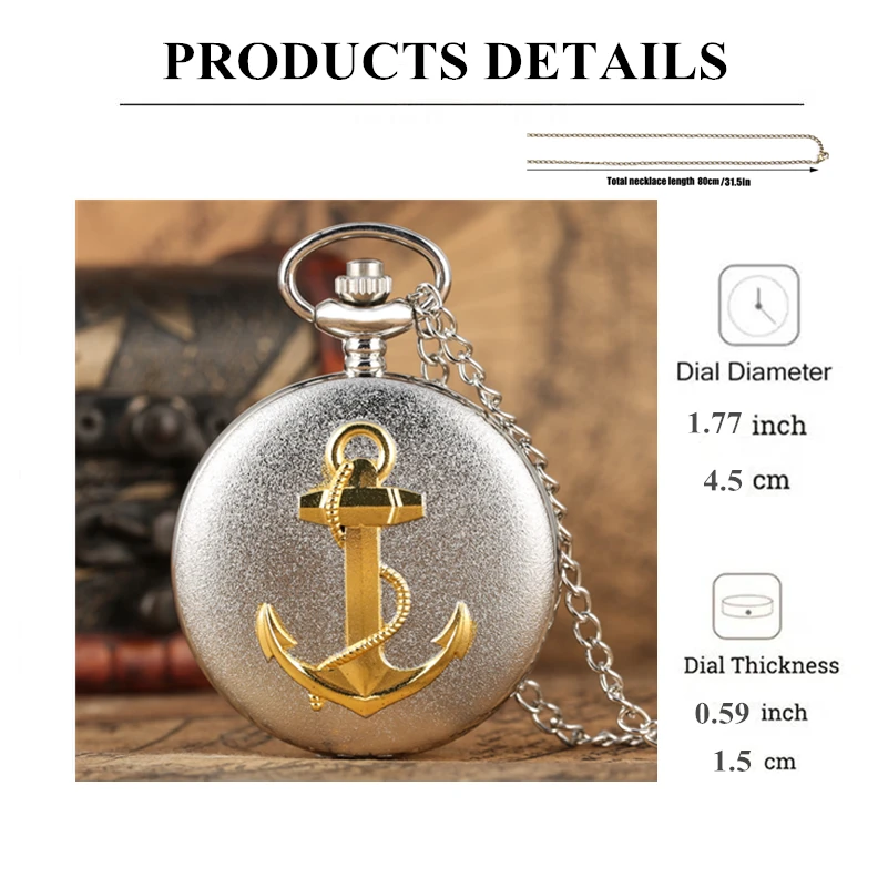 Quartz Pocket Watch Men Silver Vintage Classic Design Anchor Souvenir Gift with 80cm Necklace Chain quartz watch pocket watch