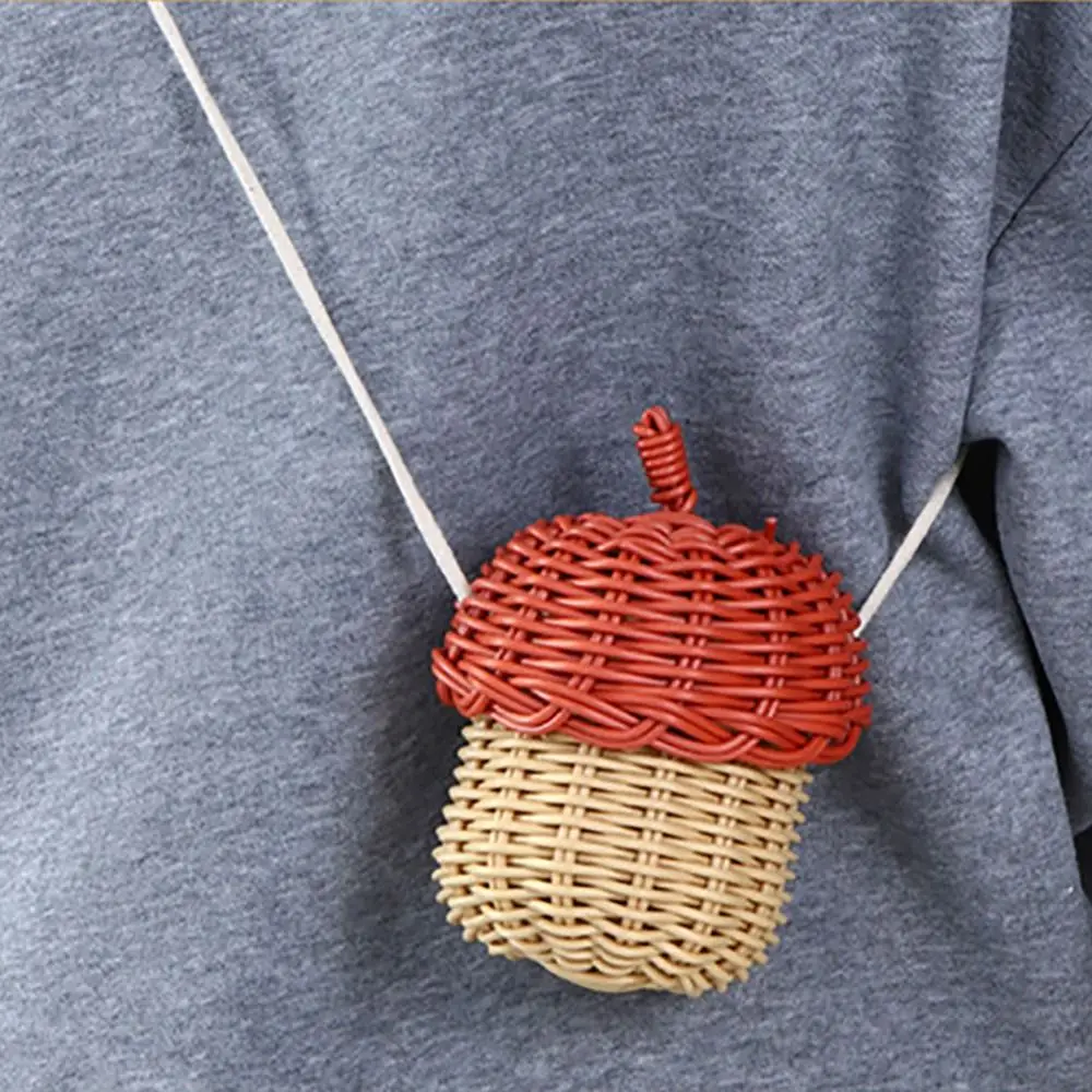 Neue Eichelförmige Schultertasche Korbflechterei Rot-Kaffeebraune Umhängetasche Foto-Requisiten Plastik-Aufbewahrungskorb Boho – Detail 7
