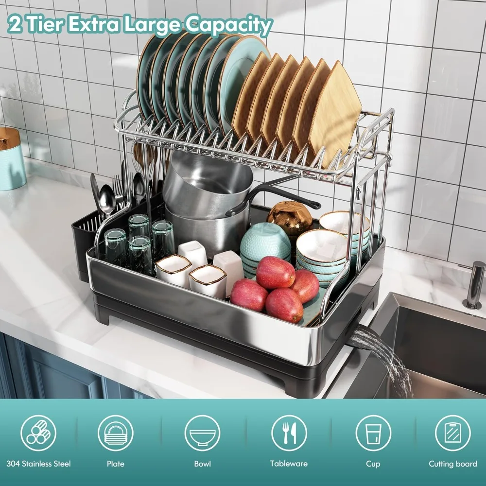 Dish Drying Rack,304 Stainless Steel 2 Tier Large Dish Rack and Drainboard Set w/ Drainage Spout,Dish Drainer w/ Utensil Holder 2