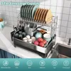 Dish Drying Rack,304 Stainless Steel 2 Tier Large Dish Rack and Drainboard Set w/ Drainage Spout,Dish Drainer w/ Utensil Holder 2