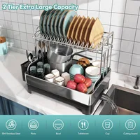Dish Drying Rack,304 Stainless Steel 2 Tier Large Dish Rack and Drainboard Set w/ Drainage Spout,Dish Drainer w/ Utensil Holder 2